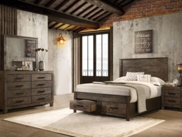 Woodmont 4-Piece California King Bedroom Set – Rustic Golden Brown Finish | GlamStyle Decor