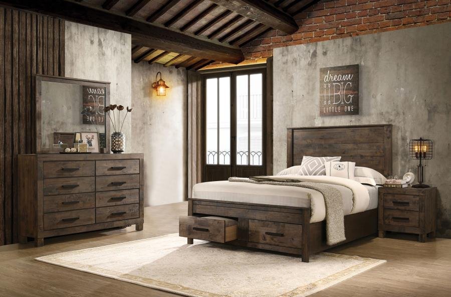 Woodmont 4-Piece California King Bedroom Set – Rustic Golden Brown Finish | GlamStyle Decor
