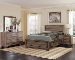 California King bedroom set in washed taupe with storage bed, dresser, nightstand, and mirror in a modern rustic style.