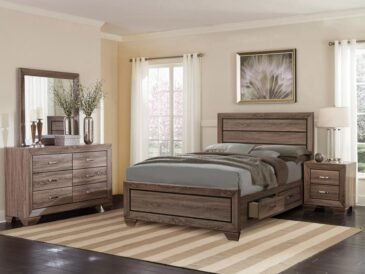 California King bedroom set in washed taupe with storage bed, dresser, nightstand, and mirror in a modern rustic style.
