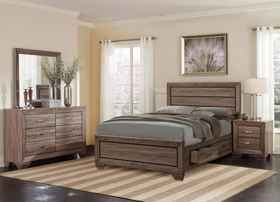 California King bedroom set in washed taupe with storage bed, dresser, nightstand, and mirror in a modern rustic style.