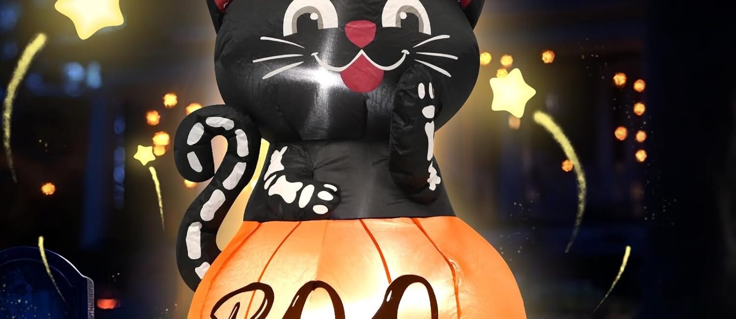 4-foot inflatable black cat wearing witch hat sitting on glowing pumpkin with BOO text.