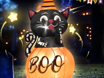 4-foot inflatable black cat wearing witch hat sitting on glowing pumpkin with BOO text.