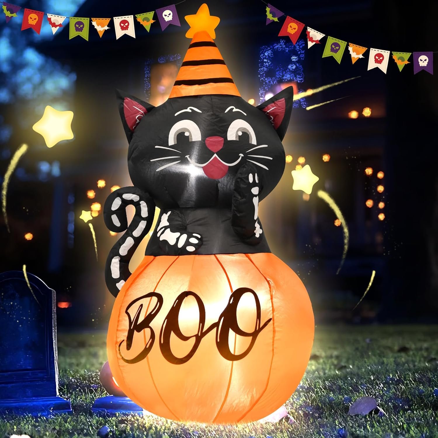 4-foot inflatable black cat wearing witch hat sitting on glowing pumpkin with BOO text.