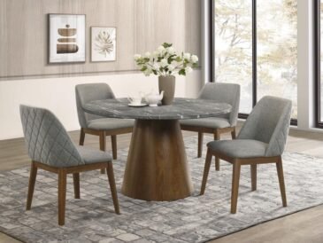 Mid-century modern Franklin dining set featuring a Smart Top faux marble table and four chairs in grey fabric