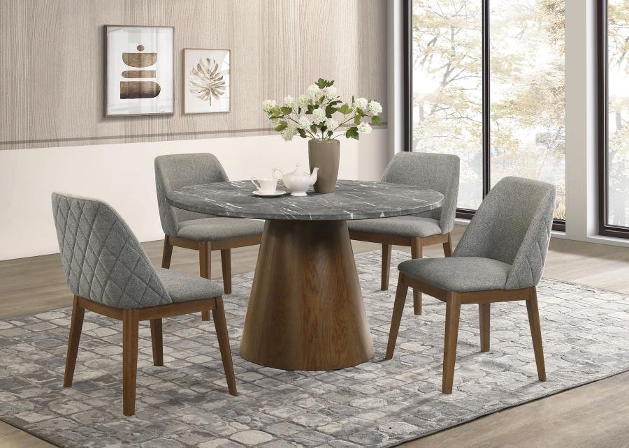 Mid-century modern Franklin dining set featuring a Smart Top faux marble table and four chairs in grey fabric