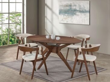 Mid-century modern oval dining table set with walnut finish and boucle padded chairs for a stylish contemporary dining room.