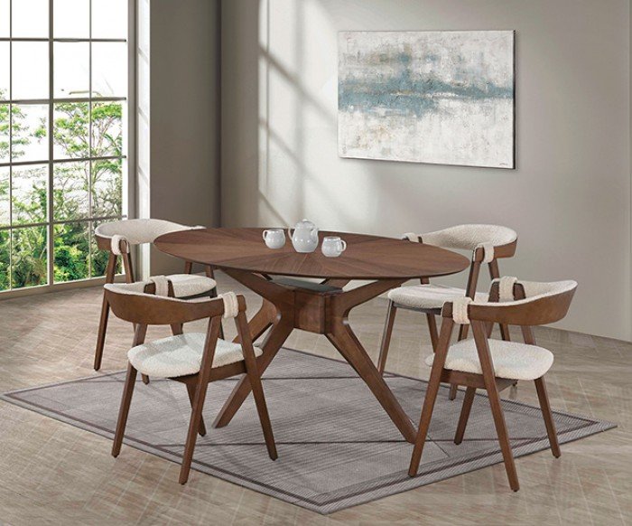 Mid-century modern oval dining table set with walnut finish and boucle padded chairs for a stylish contemporary dining room.