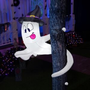 5-foot inflatable Halloween ghost with witch hat and LED lights wrapped around a tree