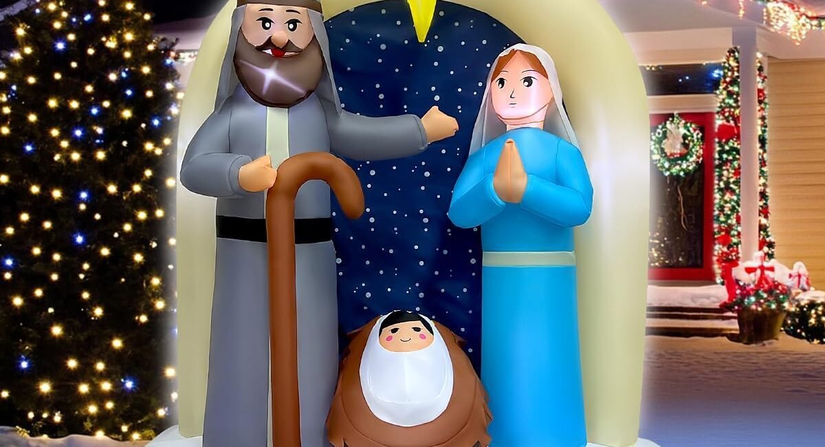 6ft inflatable nativity scene with Mary, Joseph, and Baby Jesus under LED star