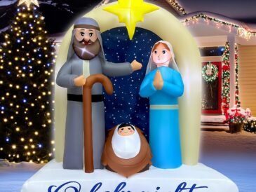 6ft inflatable nativity scene with Mary, Joseph, and Baby Jesus under LED star