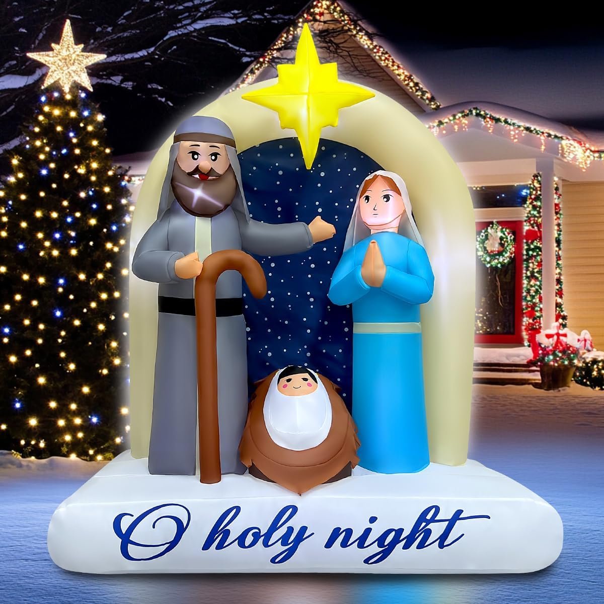 6ft inflatable nativity scene with Mary, Joseph, and Baby Jesus under LED star