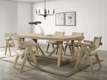 Contemporary 7-piece dining set in oak with trestle table and cushioned arm chairs for modern dining interiors.
