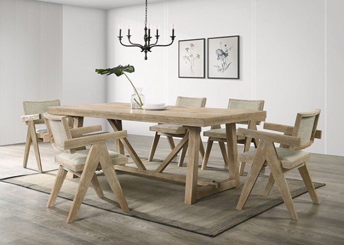 Contemporary 7-piece dining set in oak with trestle table and cushioned arm chairs for modern dining interiors.