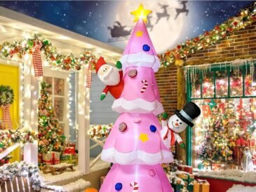 Pink inflatable Christmas tree with Santa Claus, Snowman, and gift boxes