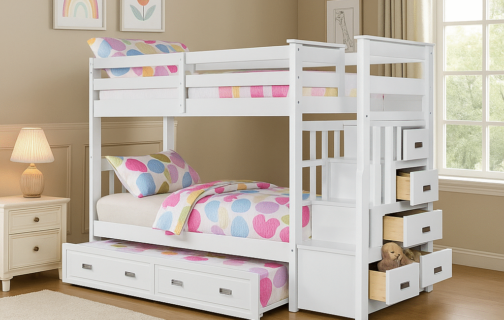 White twin over twin bunk bed with staircase drawers and pull-out trundle in a modern kids’ room
