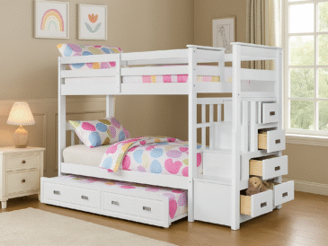 White twin over twin bunk bed with staircase drawers and pull-out trundle in a modern kids’ room