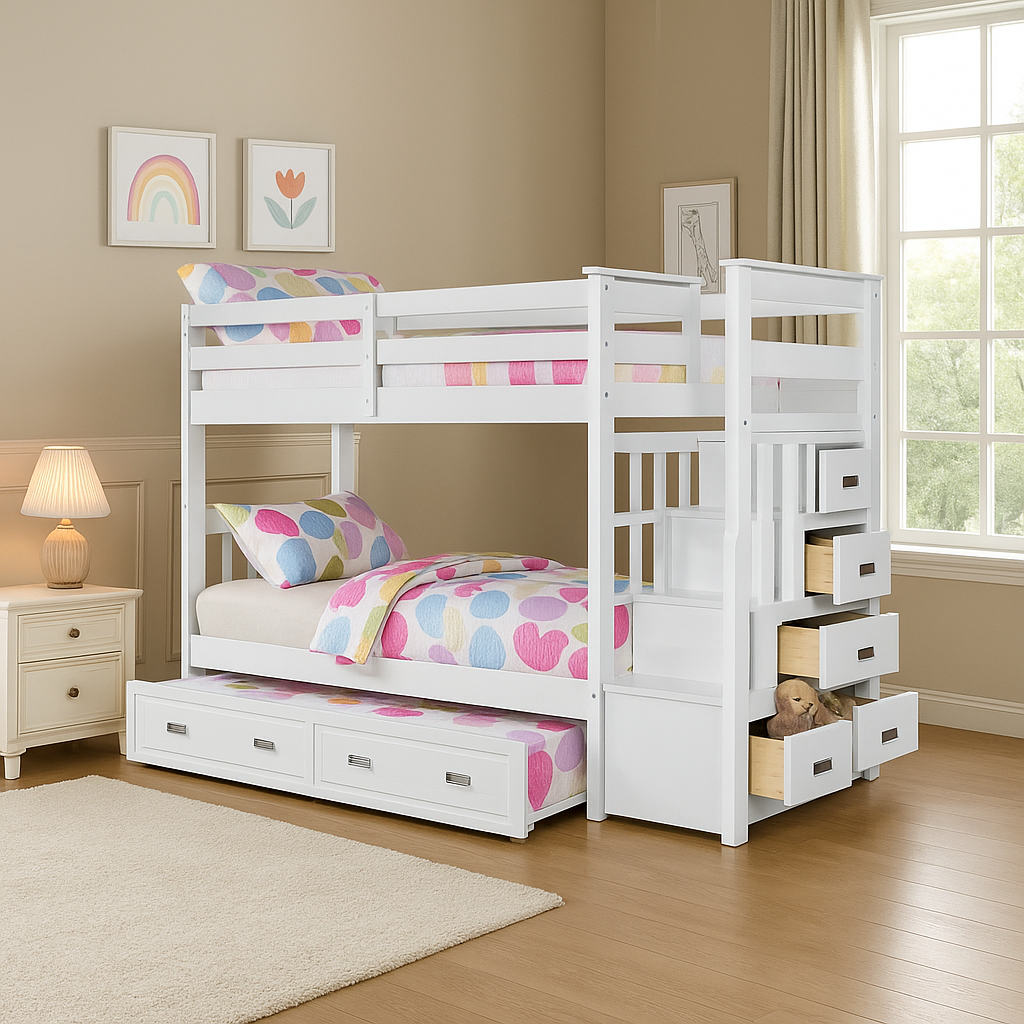 White twin over twin bunk bed with staircase drawers and pull-out trundle in a modern kids’ room