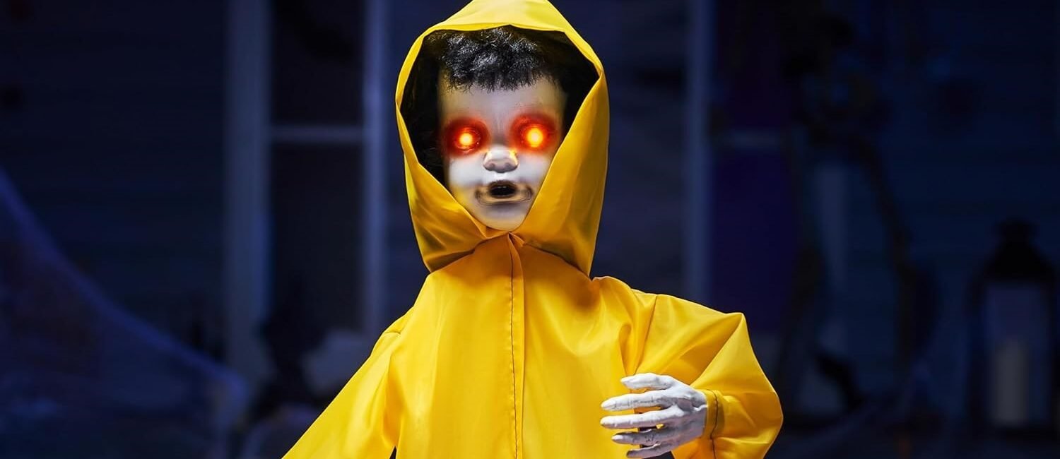 JOYIN 34" Raincoat Boy – motion-activated Halloween decoration for haunted houses and lawns.