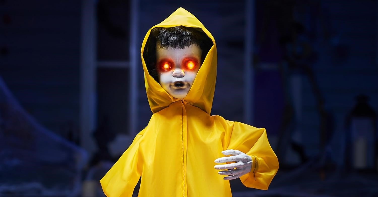JOYIN 34" Raincoat Boy – motion-activated Halloween decoration for haunted houses and lawns.