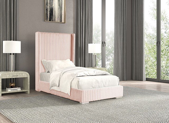 Art Deco glam pink bed with tall wingback headboard and vertical channel tufting in blush chenille fabric.
