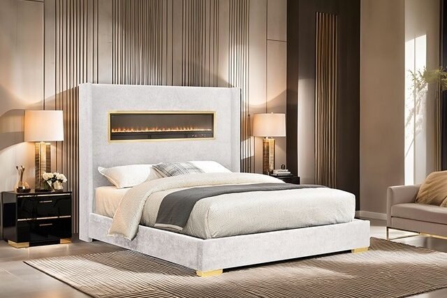 Danvers Tech-Glam Upholstered Fireplace Bed