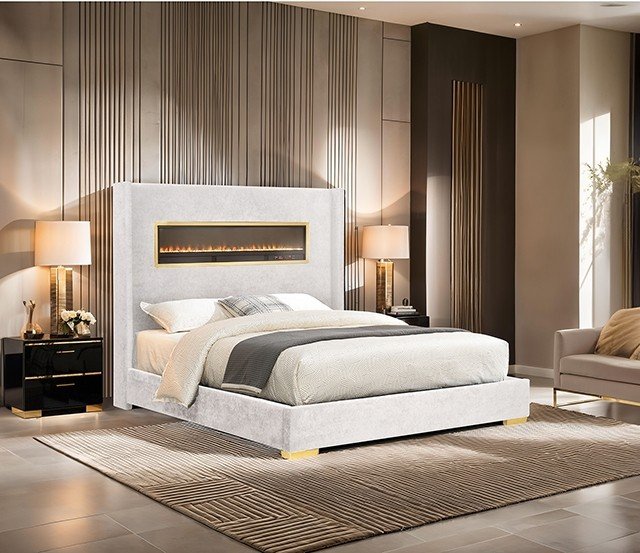 Danvers Tech-Glam Upholstered Fireplace Bed