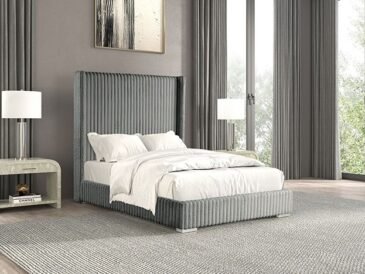Gray fur chenille contemporary bed with vertical-channel headboard and soft fabric texture in a modern bedroom setting.