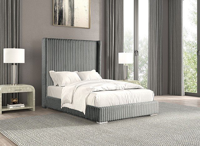 Gray fur chenille contemporary bed with vertical-channel headboard and soft fabric texture in a modern bedroom setting.