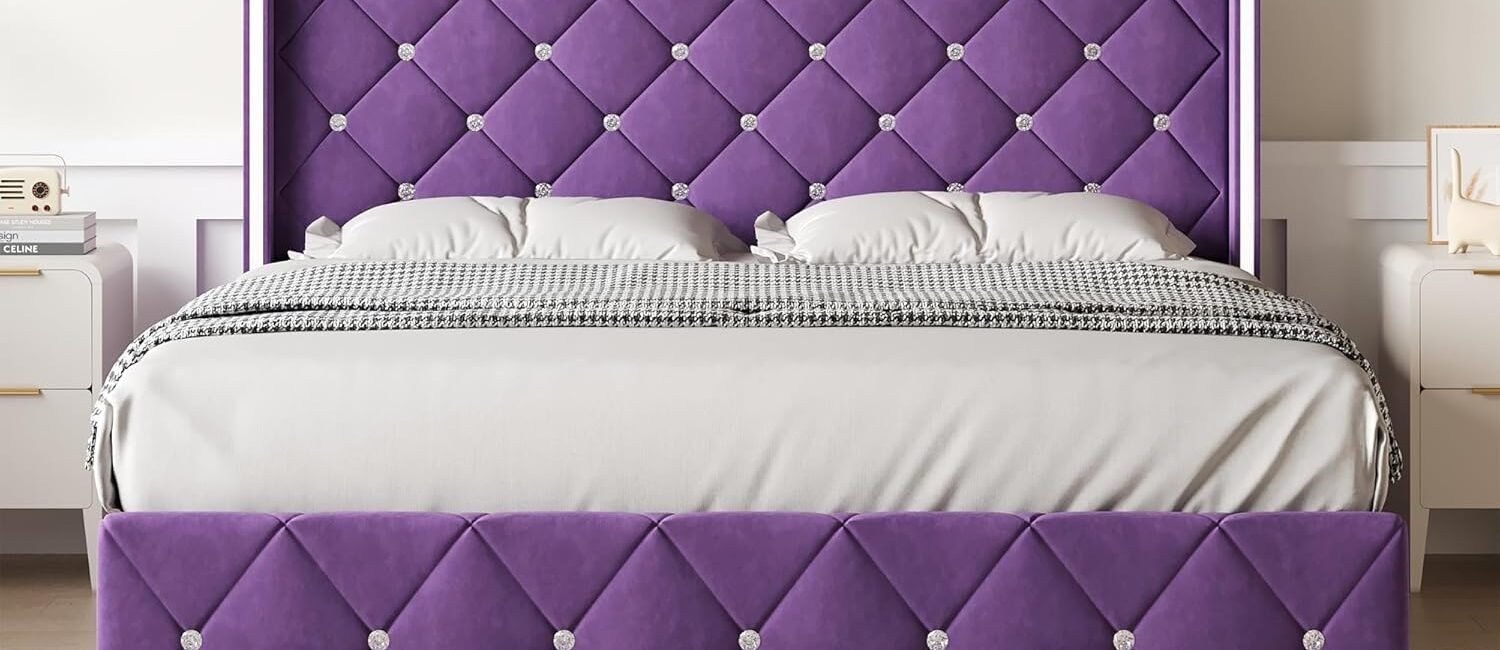 Purple Full Size Bed Frame with Diamond Tufted Headboard