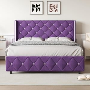 Purple Full Size Bed Frame with Diamond Tufted Headboard