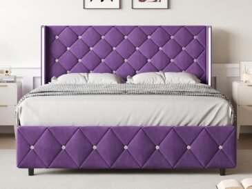 Purple Full Size Bed Frame with Diamond Tufted Headboard