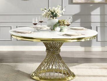Luxurious Fallon dining table with faux marble top and mirrored gold base – perfect glam centerpiece
