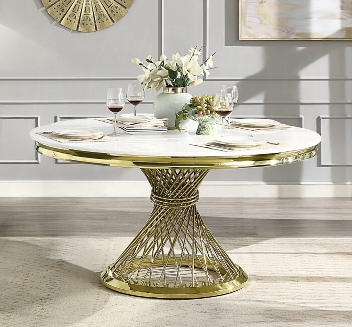 Luxurious Fallon dining table with faux marble top and mirrored gold base – perfect glam centerpiece