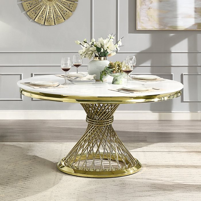 Luxurious Fallon dining table with faux marble top and mirrored gold base – perfect glam centerpiece