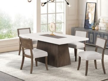 Contemporary marble-top dining set with dark walnut base and upholstered chairs in a modern dining room setting.