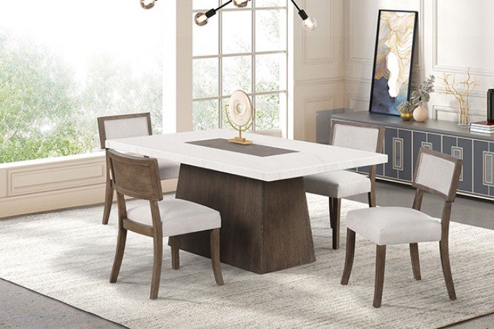 Contemporary marble-top dining set with dark walnut base and upholstered chairs in a modern dining room setting.