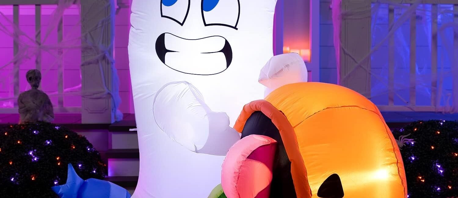 5-foot Halloween inflatable ghost holding pumpkin cauldron with LED lights