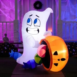 5-foot Halloween inflatable ghost holding pumpkin cauldron with LED lights
