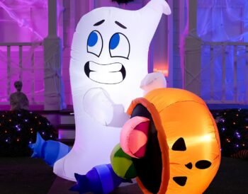 5-foot Halloween inflatable ghost holding pumpkin cauldron with LED lights