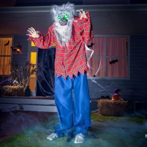 65 Halloween Decoration Outdoor Standing Werewolf Animatronics Life Size Animated Ghost with LED Eyes and Creepy Sound 2