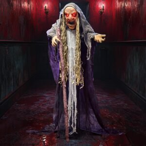 65-inch Halloween hunchback witch decoration with glowing red LED eyes and motion sensor.