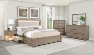 Barley brown modern retro bedroom set with LED lighting and beige upholstered headboard in contemporary California King layout.