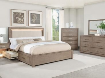 Barley brown modern retro bedroom set with LED lighting and beige upholstered headboard in contemporary California King layout.
