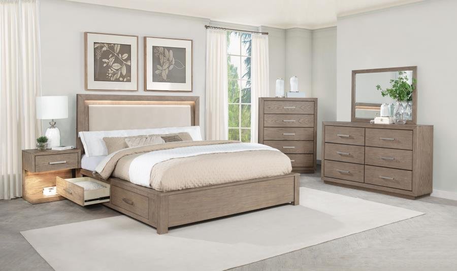 Barley brown modern retro bedroom set with LED lighting and beige upholstered headboard in contemporary California King layout.