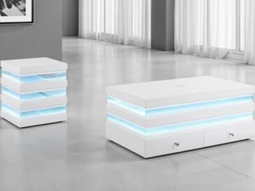 White rectangular LED coffee table with Bluetooth speaker, wireless charging, and clear glass top for modern living rooms.