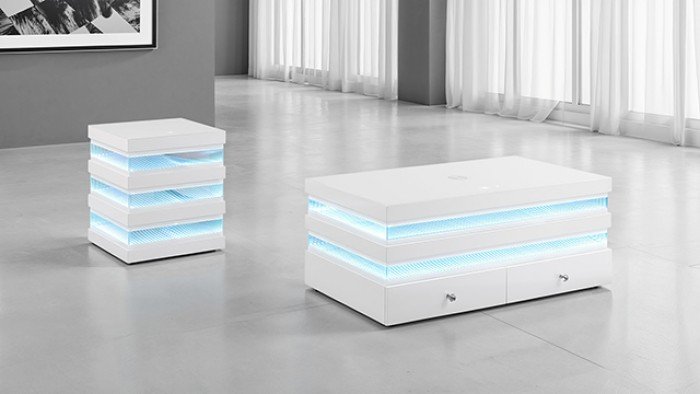 White rectangular LED coffee table with Bluetooth speaker, wireless charging, and clear glass top for modern living rooms.