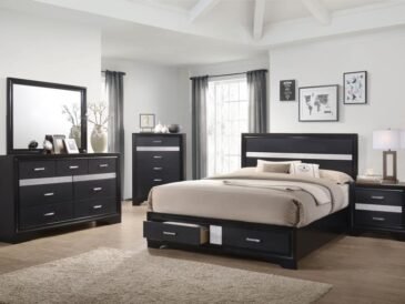 Contemporary black California King bedroom set with crystal-accent drawers and modern storage design.