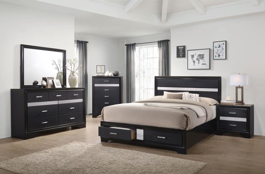 Contemporary black California King bedroom set with crystal-accent drawers and modern storage design.