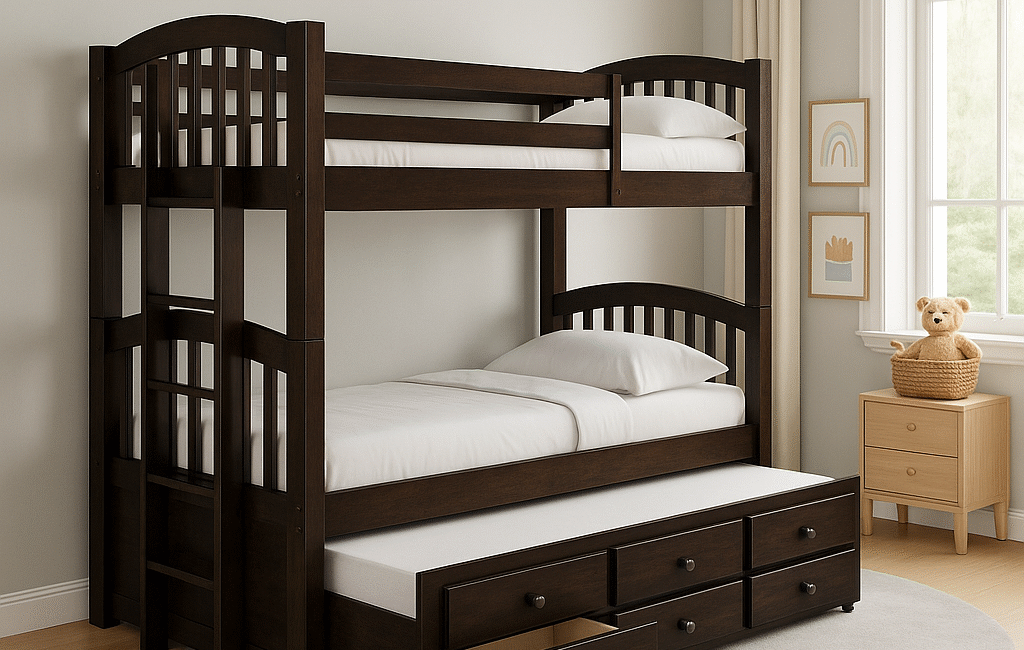 Modern kids’ bedroom with a espresso twin bunk bed featuring a pull-out trundle and three storage drawers in a minimalist decor.